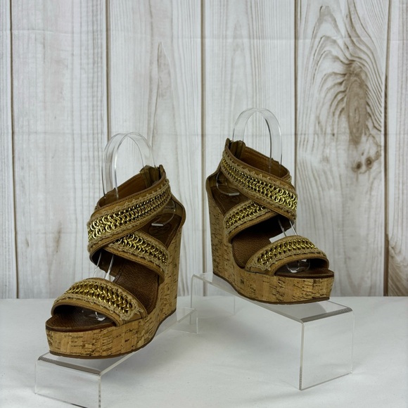 Tory Burch Lucian Sandals Leather Gold Chain Strappy Platform Wedges Tan Size 6 - Picture 4 of 15